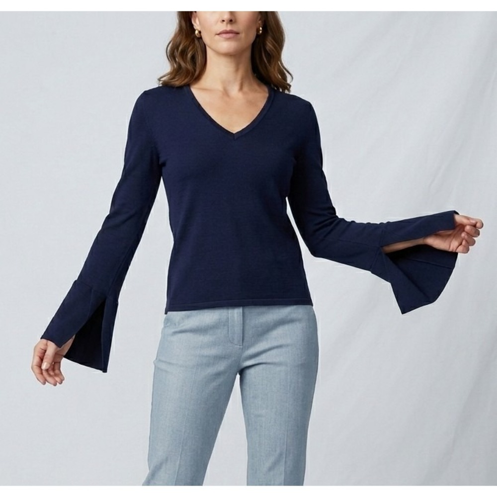 White House Black Market S Navy Blue V-Neck Knit Top Split Bell Cuff Classic